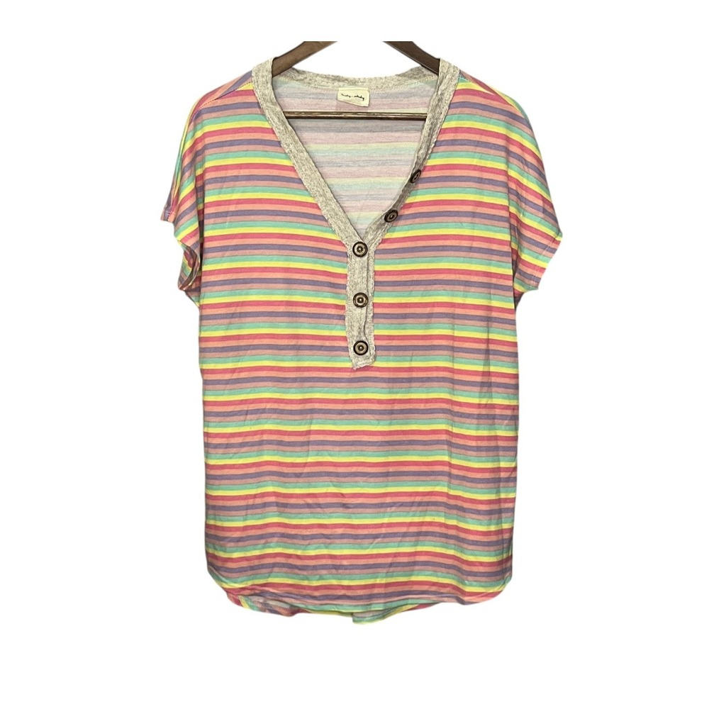 Love Melody Women Top S/S Multicolor Candy Rainbow Striped Button Feminine Small